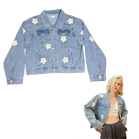 POL Oversized Denim Jacket with Pearl Flower Appliqué Size M - Picture 2 of 11